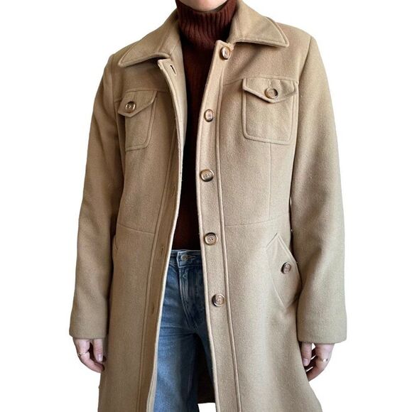 Vintage Y2K Womens Wool Blend Tan Mid Length Minimalistic Trench Coat Sz M - Picture 1 of 9